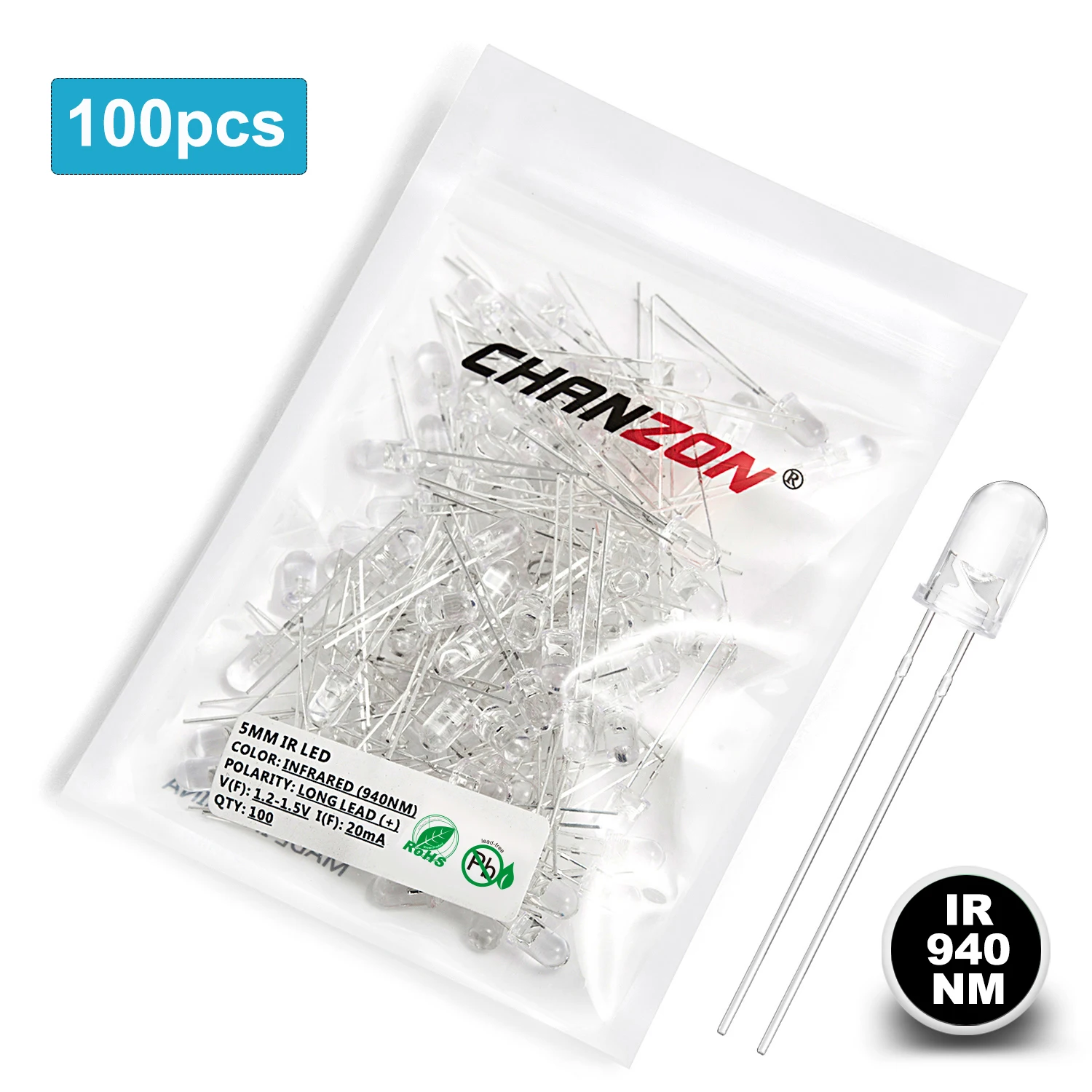 10-1000pcs 3mm 940nm IR Infrared LED Emitter Diodes - Clear Round Lens, Through-Hole