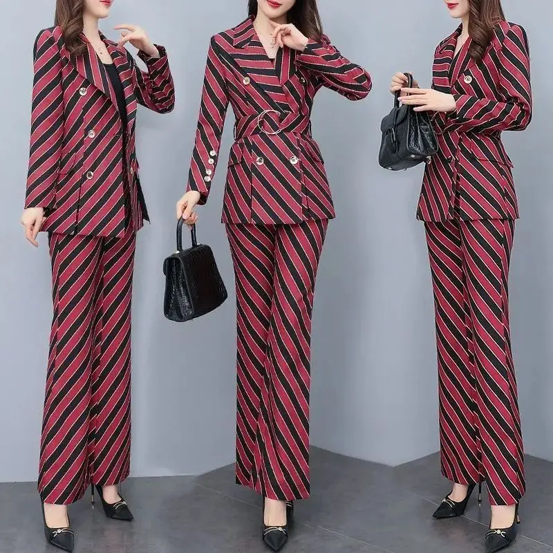 

Women's Casual Blazers Jacket New in Matching Set 2023 Spring Autumn Korean Elegant Print Suit Coat+Micro Flare Pants Two-piece