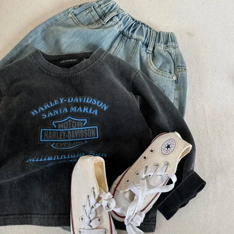2025 New Spring Letter Printed Toddlers Kids Europe Style T-shirts Long Sleeve Loose denim Tops Style Baby Children Casual Tees 6