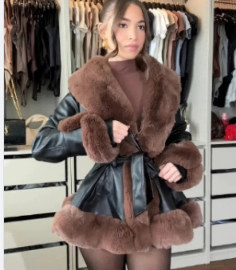 ZXRYXGS Premium Pu Leather Coat Temperament:elegant Faux Fur