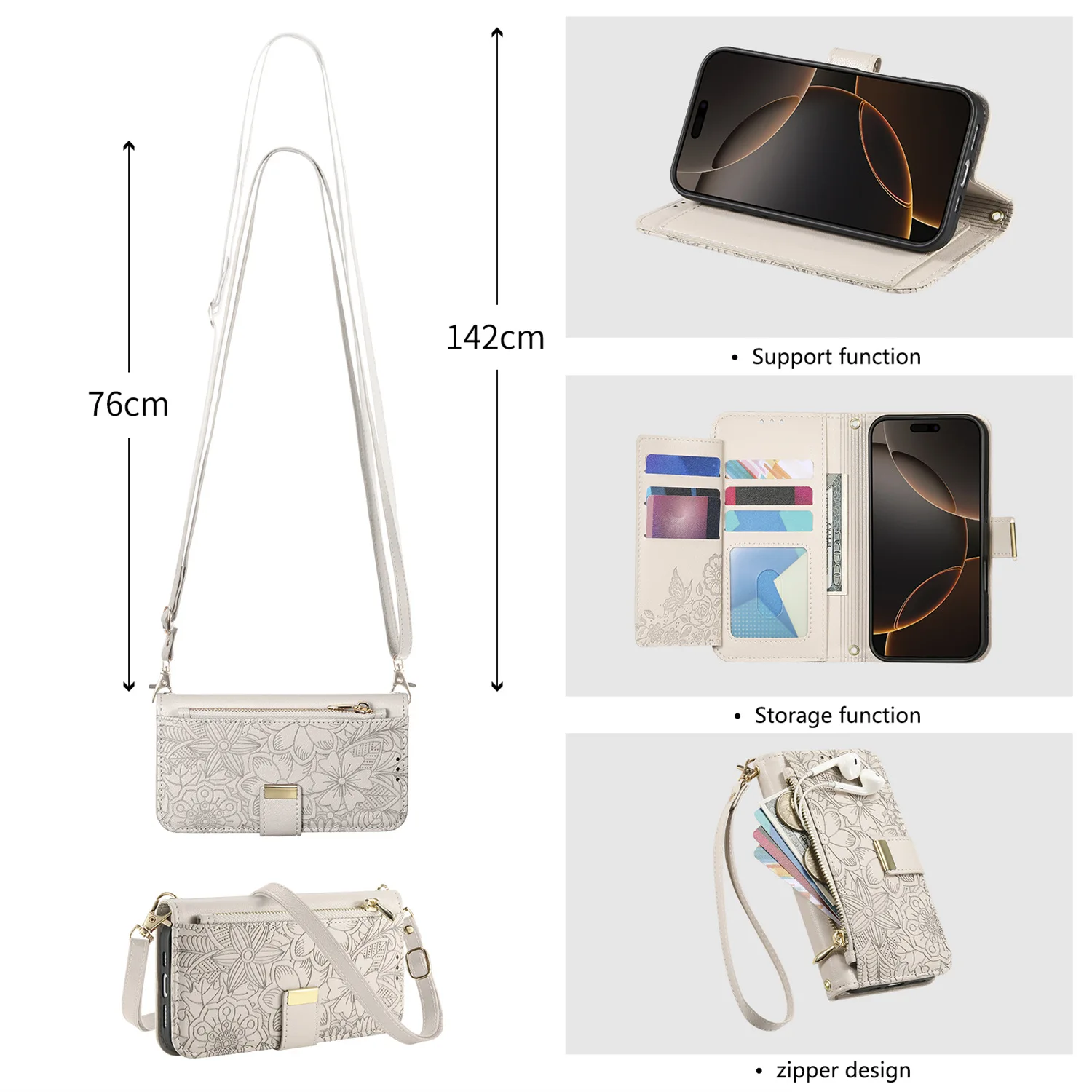Luxury Leather Crossbody Wallet Case with Zipper and Lanyard - Multi-Card Wristlet Flip Cover