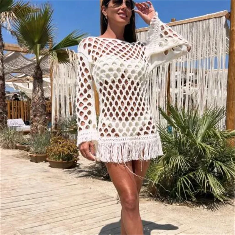 

Короткое пляжное вязаное платье, накидка на бикини, сексуальный купальник с длинным рукавом и кисточками, Женская туника для купания