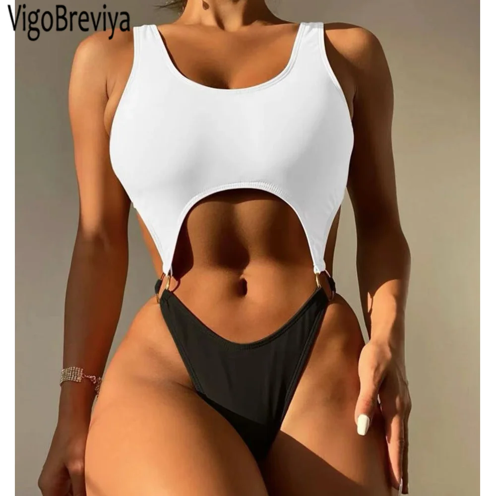 

VigoBeviya 2022 Solid Strapped Swimwear Women Sexy High Cut Push UP One Piece Swimsuit Monokini Blackless Hollow Bathing Suit