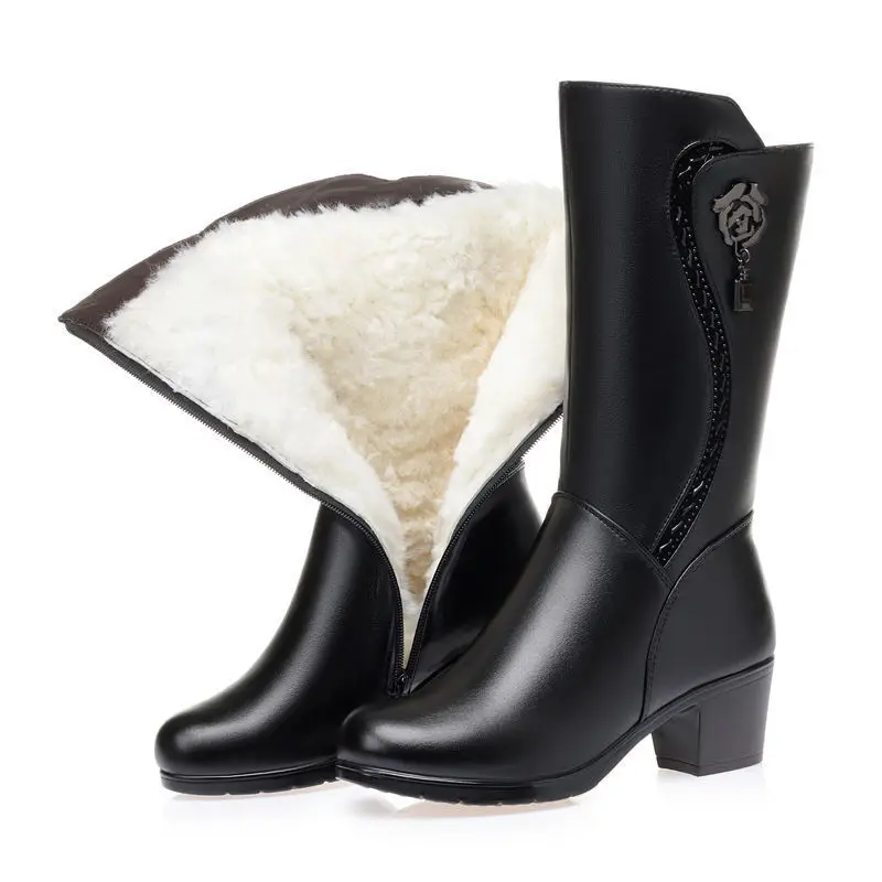 

2023 Winter Leather Women Winter Boots Thick Wool Warm Women High-heeled Genuine Boot High-quality Female Snow Boots Women Shoes