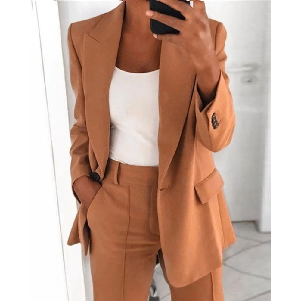 Autumn Women Single Button Nothched Collar Blazer Fashion Femme Long Sleeve Jackets Coat Elegant Office Workwear Outfits traf two piece set women outfit 2023 autumn fashion houndstooth print blazer shawl collar long sleeve coat