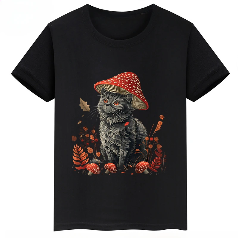 thumbnail image 1 of Camiseta de algodón de verano para niños con estampado de gato y hongo, camisetas personalizadas de manga corta negras para niños y niñas, 1 of 5