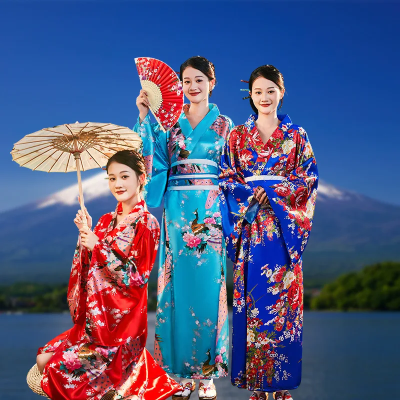 Japanese Women Fashion Tradition Yukata Silk Rayon Kimono With Obi Flower Vintage Cosplay Costume Evening Dress One size