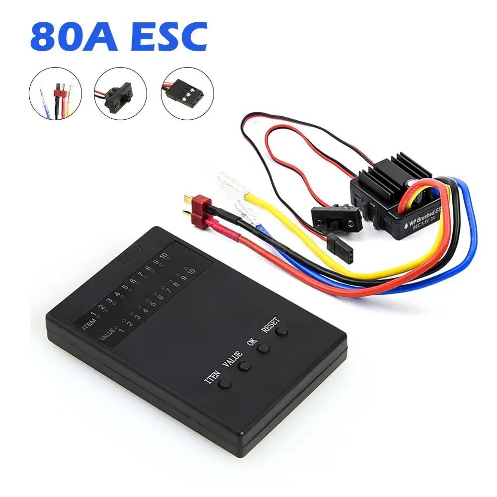 Vue de dessus du variateur ESC Brushless 80A imperméable pour buggy RC 1/8 et 1/10 avec connecteurs