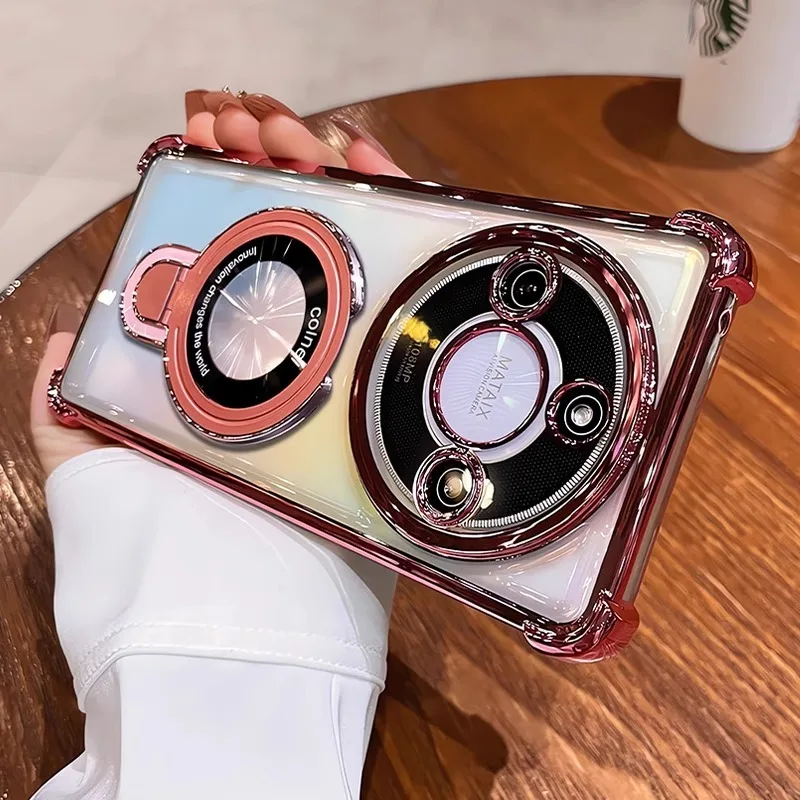 Luxury Magnetic Holder Shockproof Transparent Silicone Case with Airbag Plating
