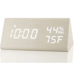 Wooden LED Alarm Clock with USB Charger and Climate Display (White)