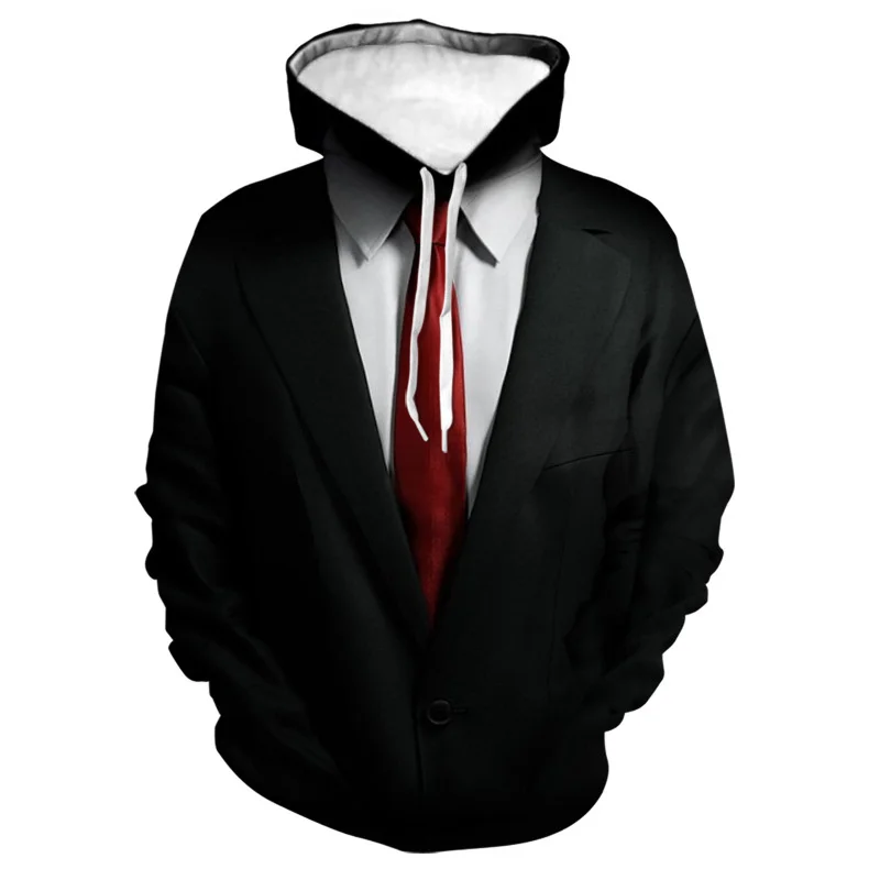 thumbnail image 1 of Sudadera con capucha de traje falso divertida con estampado 3D para hombre, esmoquin con patrón de pajarita, sudaderas casuales de manga larga para cosplay, sudaderas con capucha de calle, 1 of 5