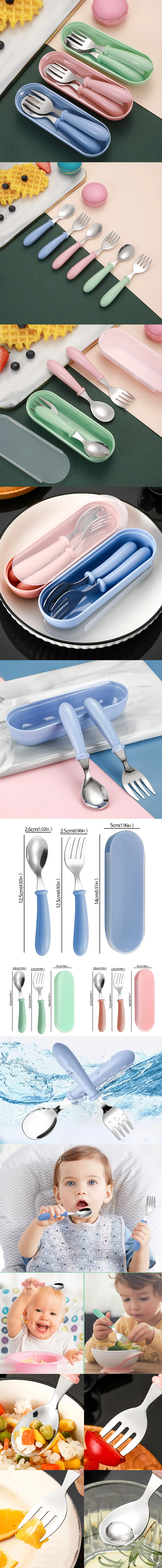 Description Picture 2 of item3pcs Children Spoon Forks Box Stainless Steel Dinnerware Cutlery Food Feeding Baby Feeding Tableware Set Children Utensil