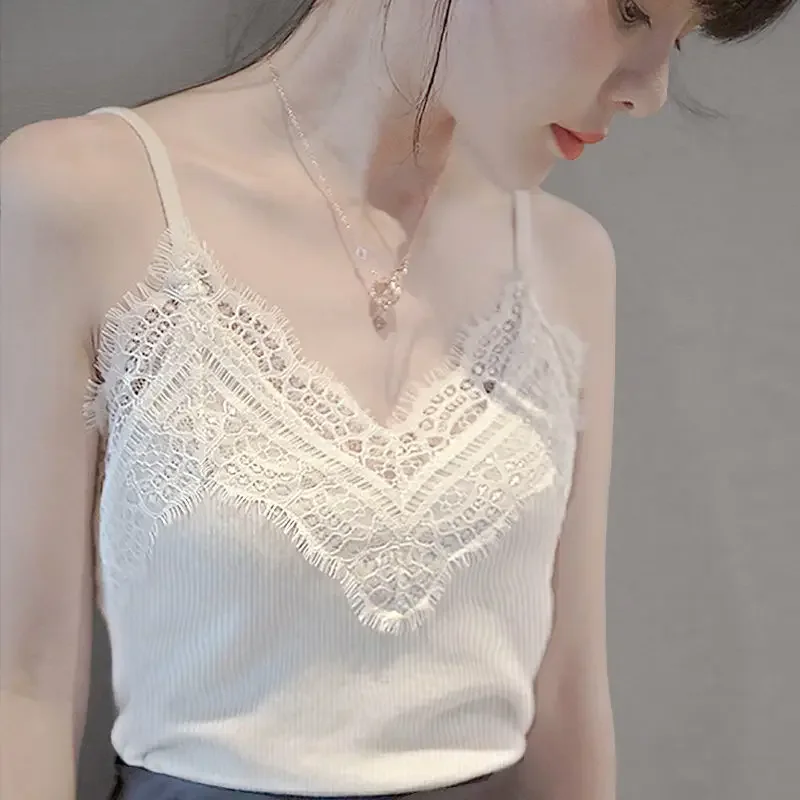 

Fashion V-Neck Solid Color Spliced Lace Camis Women's Clothing 2024 Summer New Loose Korean Tops Office Lady Tanks Tee Shirt Z99