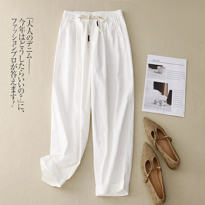 Women's Retro Cotton and Hemp Flapped Casual Pants, Elastic Waist, Loose  Slim Appearance, Spring  Summer, New