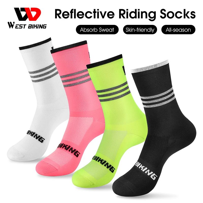 

WEST BIKING Reflective Cycling Socks Breathable High Elastic Men Women Outdoor Sport Running Soccer Socks Professional Bike Sock