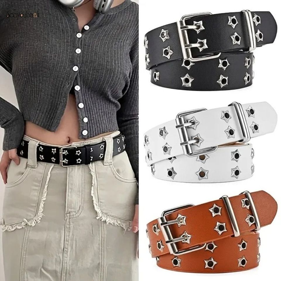 1PC Rivet Belts Men Women Double Star Eyelet Grommet Waist Strap Adjustable Punk Waist Belt Double Pin Buckle Y2k Style Belts