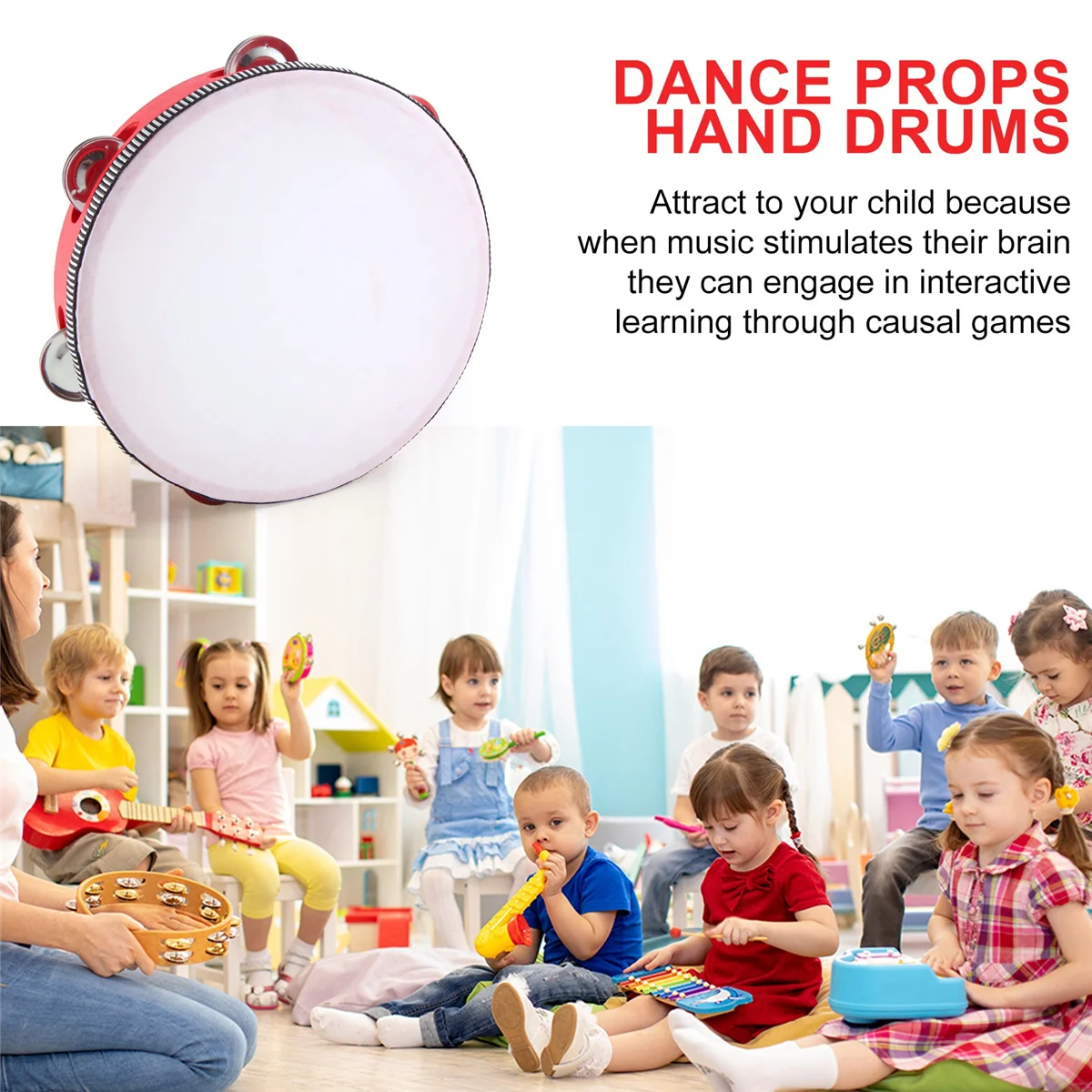 8inch Musical Tambourine Tamborine Drum Round Percussion Gift for KTV Party Red