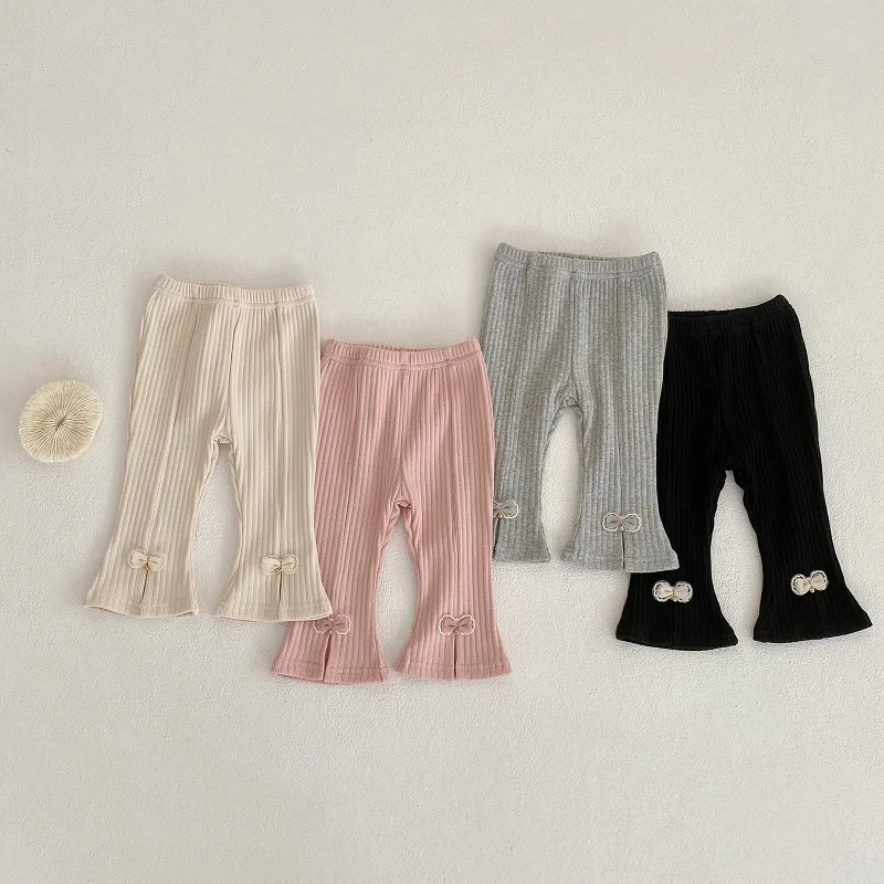 

New Baby Girl Flared Pant 0-3Years Cute Newborn Kids Solid Color High Waist Ribbed Cotton Bow Trouser Casual Bell Bottom Clothes