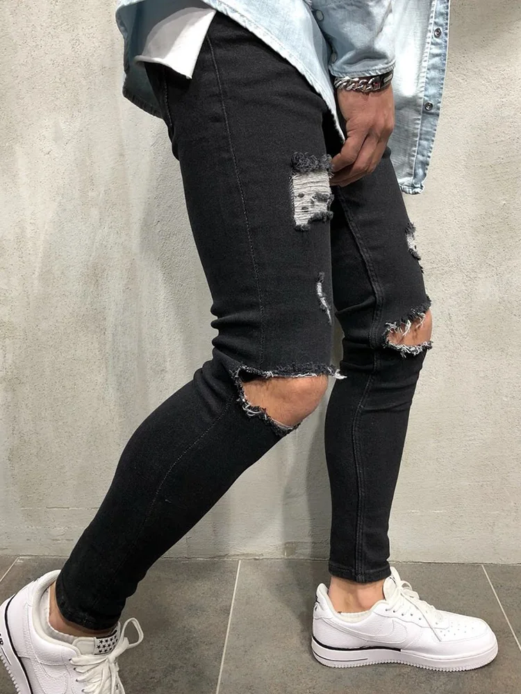 남성 청소년 인기 찢어진 스키니 청바지, 워싱 빈티지 라지 사이즈 데님 바지, 고민 탄성 좁은 다리 디자이너 바지
