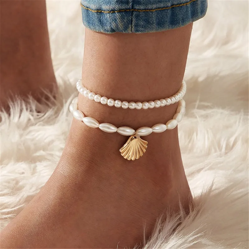 Women Silver Anklet Bracelet Cubic Zirconia Beads Ankle Chains Fashion Accessories Modyle Bohemian Simulated Pearl Chain Wedding Gold Color Shell Pendant
