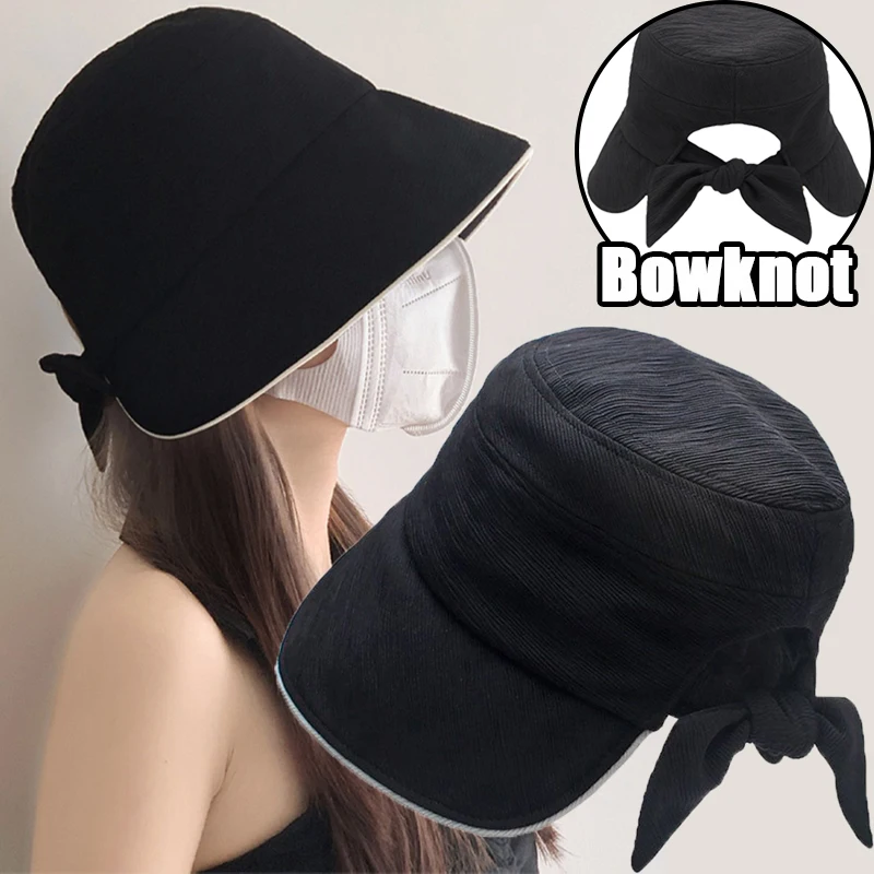 

Wide Brim Fisherman Caps Women Bowknot Tie Panama Ponytail Sun Hat Foldable Summer Travel UV Protection Sunhats Bucket Caps