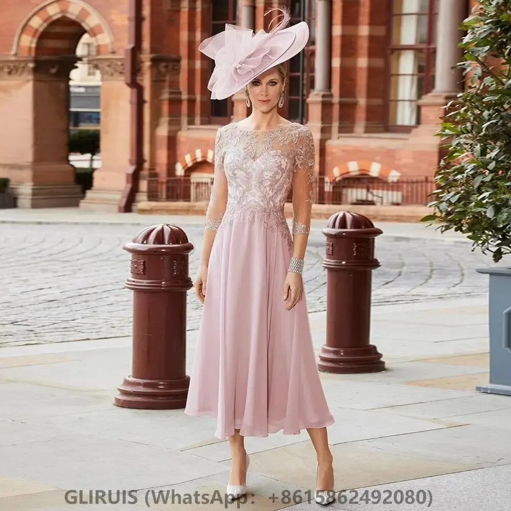 

2023 Mother of the Bride Dresses Short Tea Length 3/4 Sleeves Pale Pink Wedding Guest Gowns Chiffon Bateau Illusion Lace Robe