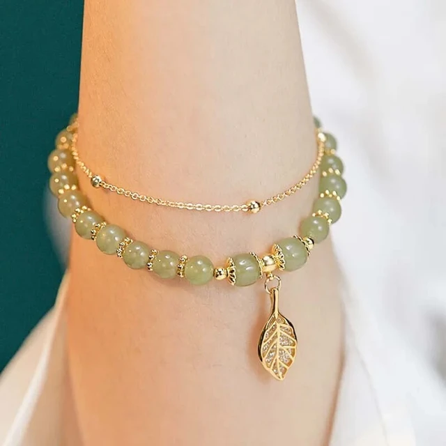 52150-223f5d.jpg Chinese Style Green Jade Bracelet For Women Exquisite Gold Color Leaves Wrist Strap Bangle Double Chain Bracelet Girls Gifts