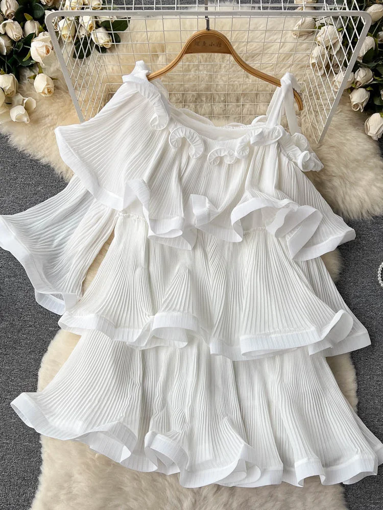 

Summer Chiffon Loose Dress Women Sexy One Shoulder White Mini Multi-layers Ruffers Dresses Ins Street Vestido Robe