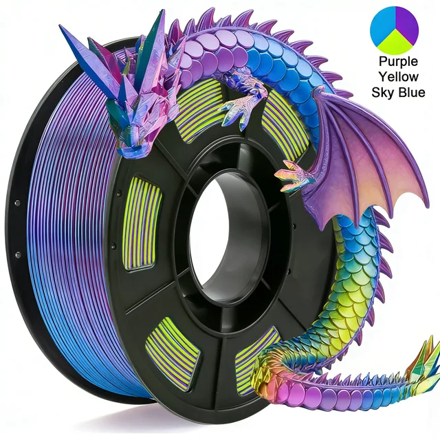 Tricolor Silk PLA 3D Printer Filament, 1.75mm Multicolor 3D Printing Filament, Purple&Sky Blue&Yellow Filament, 250g (0.55lbs) 1