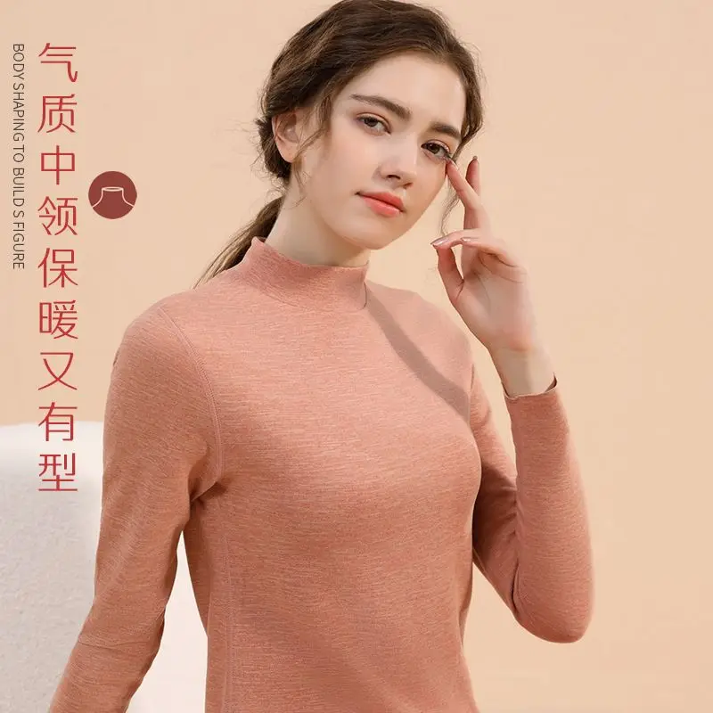 Winter Women Thermal Underwear Set Mid-high Collar Fleece Long Sleeve Top Pants Leggings Close-fitting 2 Piece Warm Suit