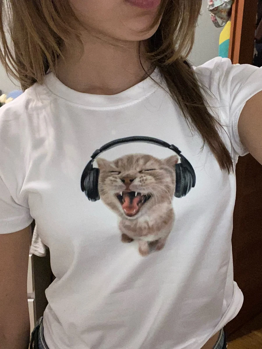 

Женские футболки Kawaii с принтом кота, летние облегающие укороченные топы с круглым вырезом и коротким рукавом, футболка Y2K, Повседневная Уличная одежда для повседневного ношения