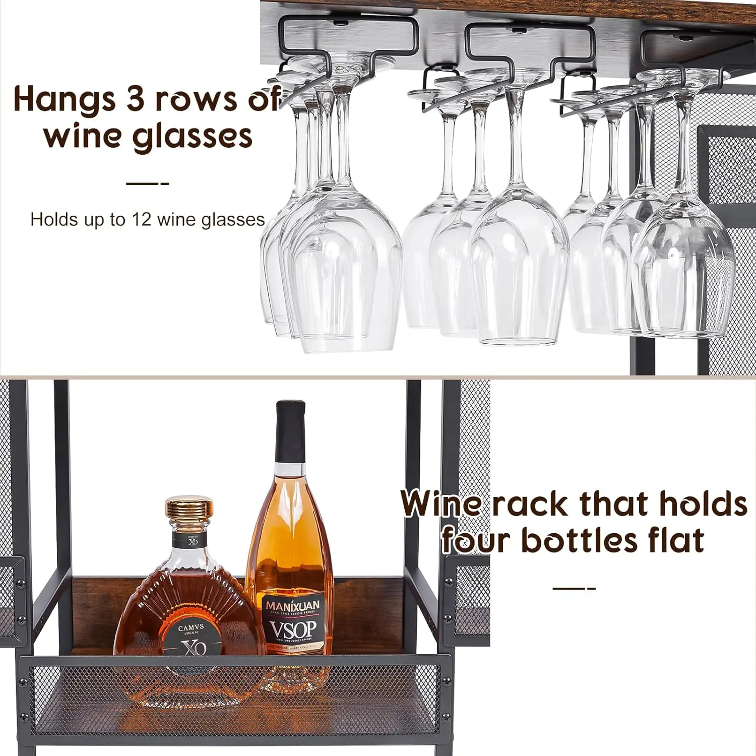 6-Tier Freestanding Wine Rack with Glass Holders & Fences, Large Bar Cabinet for Home Liquor Storage