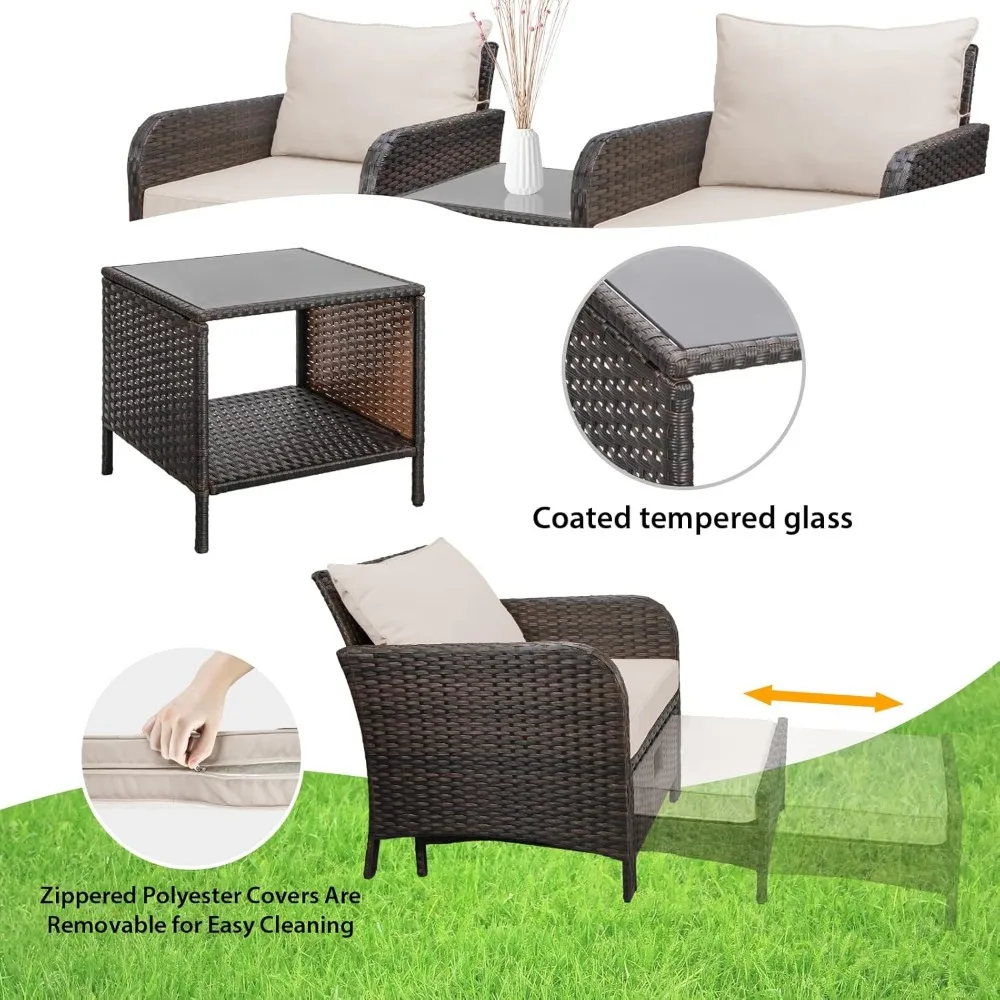 Piece Patio Conversation Set, PE Wicker Rattan Outdoor Lounge Chairs with Soft Cushions 2 Ottoman&Glass Table, Garden Sofas 4