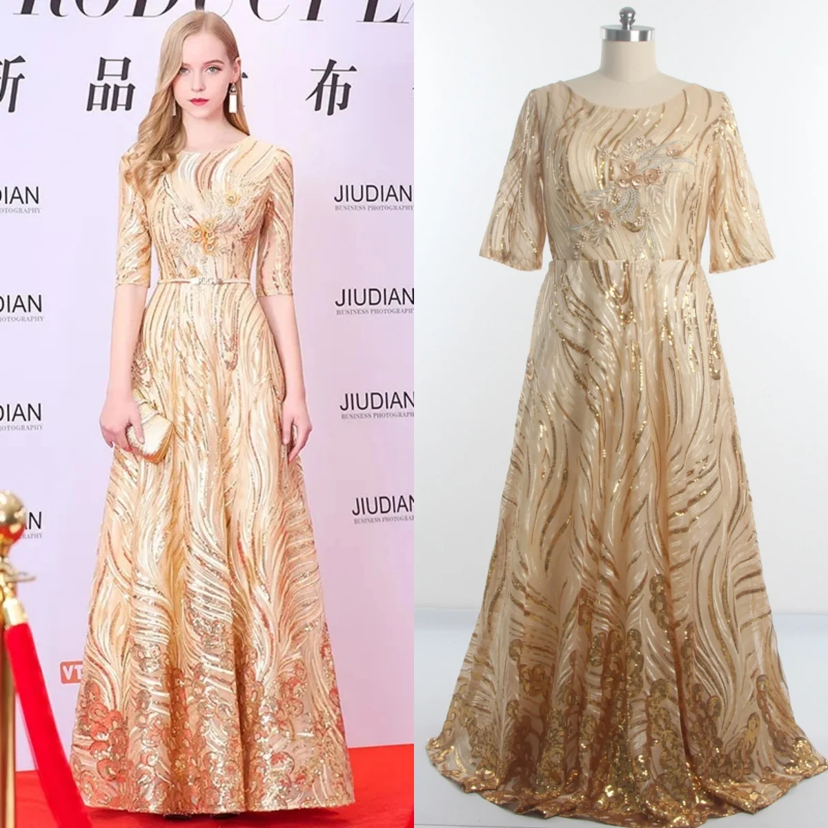 

Feelingarden Plus size Gold Evening Dress Sequins Appliques O-neck Half Sleeves A-line Floor Length Woman Party Formal Gown K179