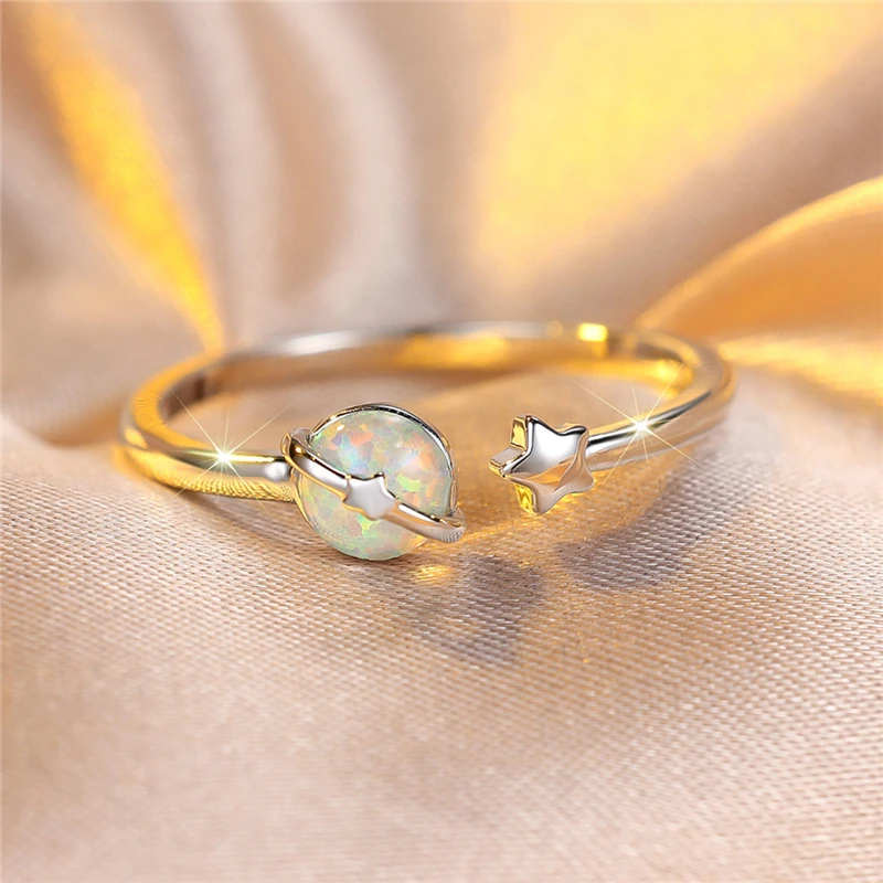Cute Female Small Round White Blue Fire Opal Stone Adjustable Ring Boho Silver Color Open Wedding Jewelry For Women