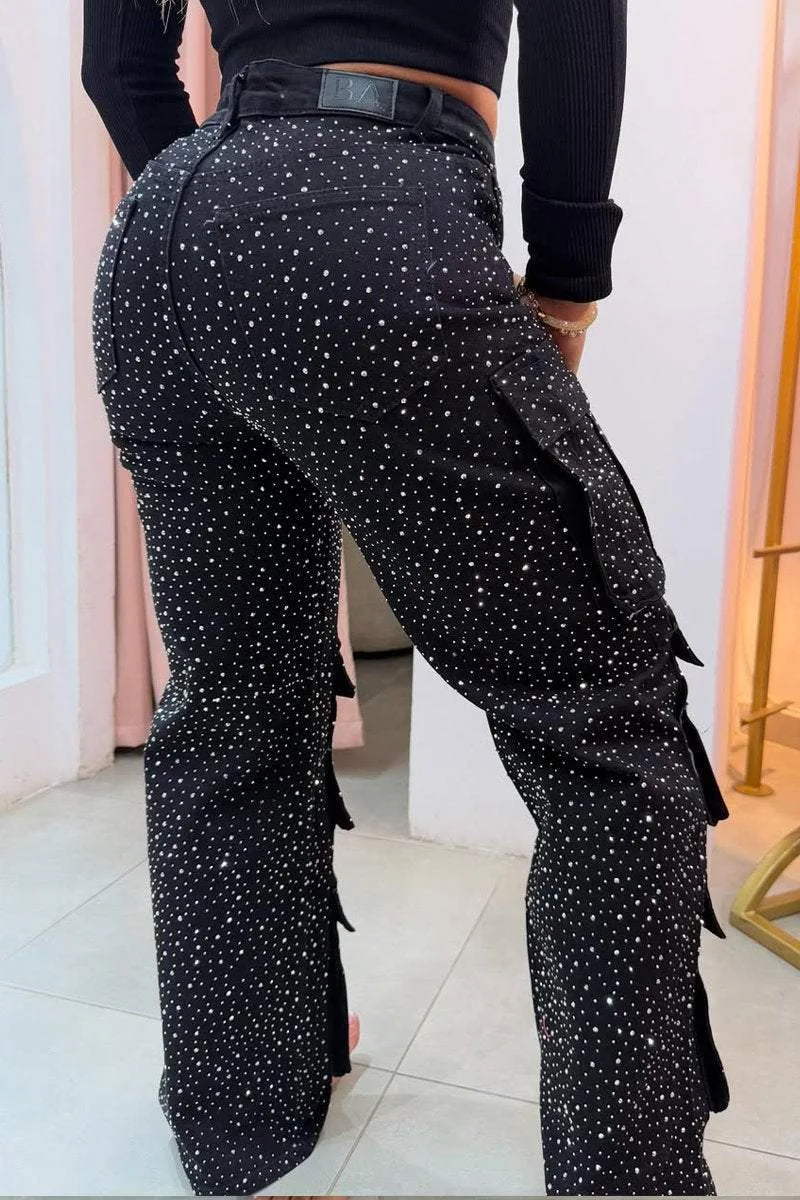 2025 New High Waist Black Rhinestone Multi-Pocket Work Jeans Street Style High Quality Fashionable Straight Jeans 3