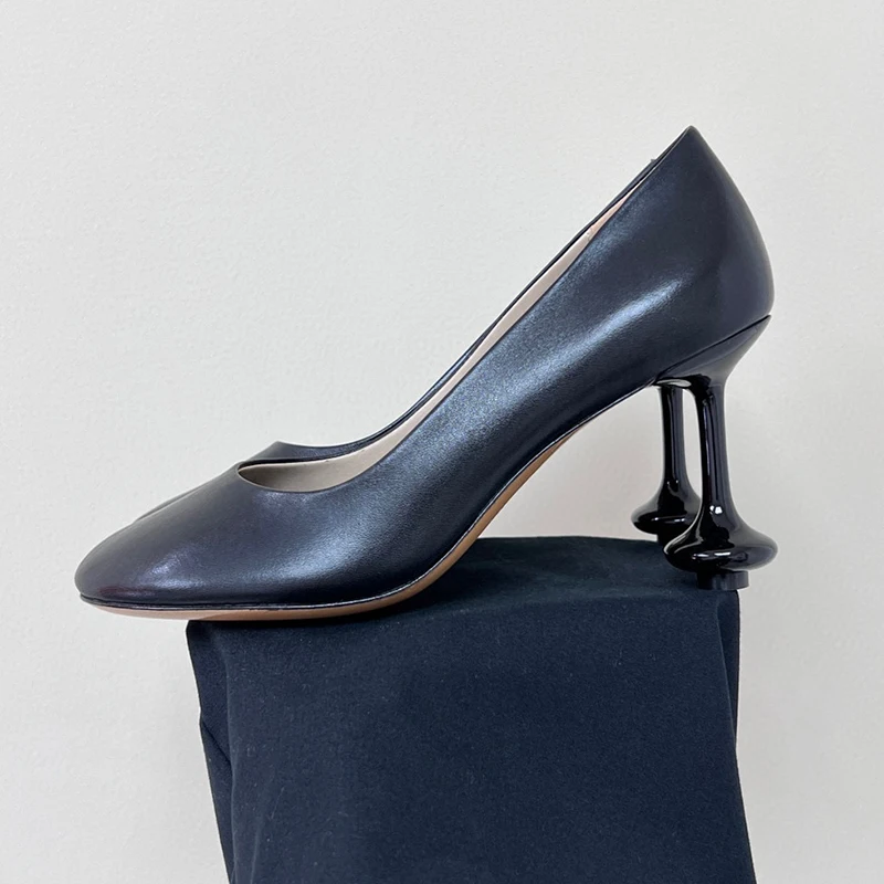 

2023 Summer New Women's Shoes Genuine Leather Shallow Mouth Versatile High Heels Round Toe Fashion Vase Heel Single Shoe