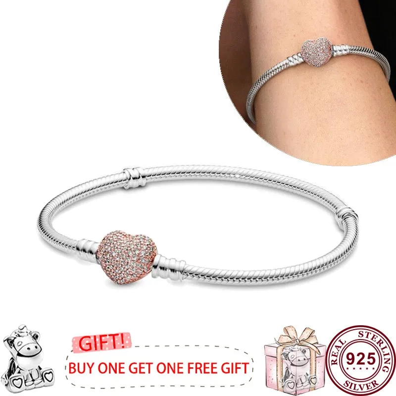 High Quality Original 925 Sterling Silver Brilliant Love Heart Snake Women's Classic Sign Bracelet Wedding DIY Charm Jewelry