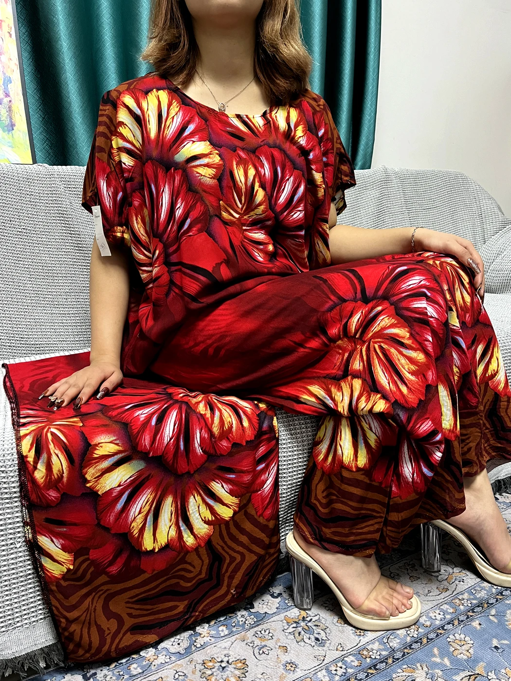 Abayas For Women Printed Flower Cotton Loose Caftan Marocain Femme Robe Muslim African Islam Nigeria Turkey Dresses With Turban