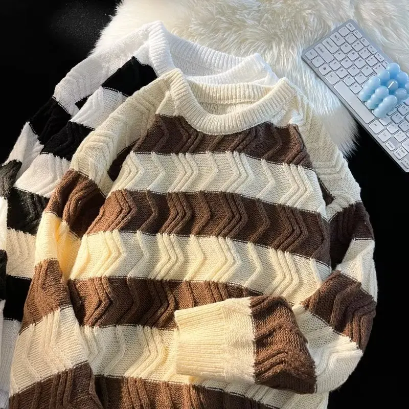 

Crew Neck Sweater Men's Autumn And Winter Striped Color Collision Pullover Knit Sweater Men's