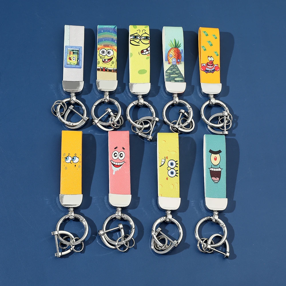 Cartoon Squarepants Portachiavi In Pelle Figura Carina Distintivo In Pelle Portachiavi Telefono Auto Ciondolo Portachiavi Gioielli Regali
