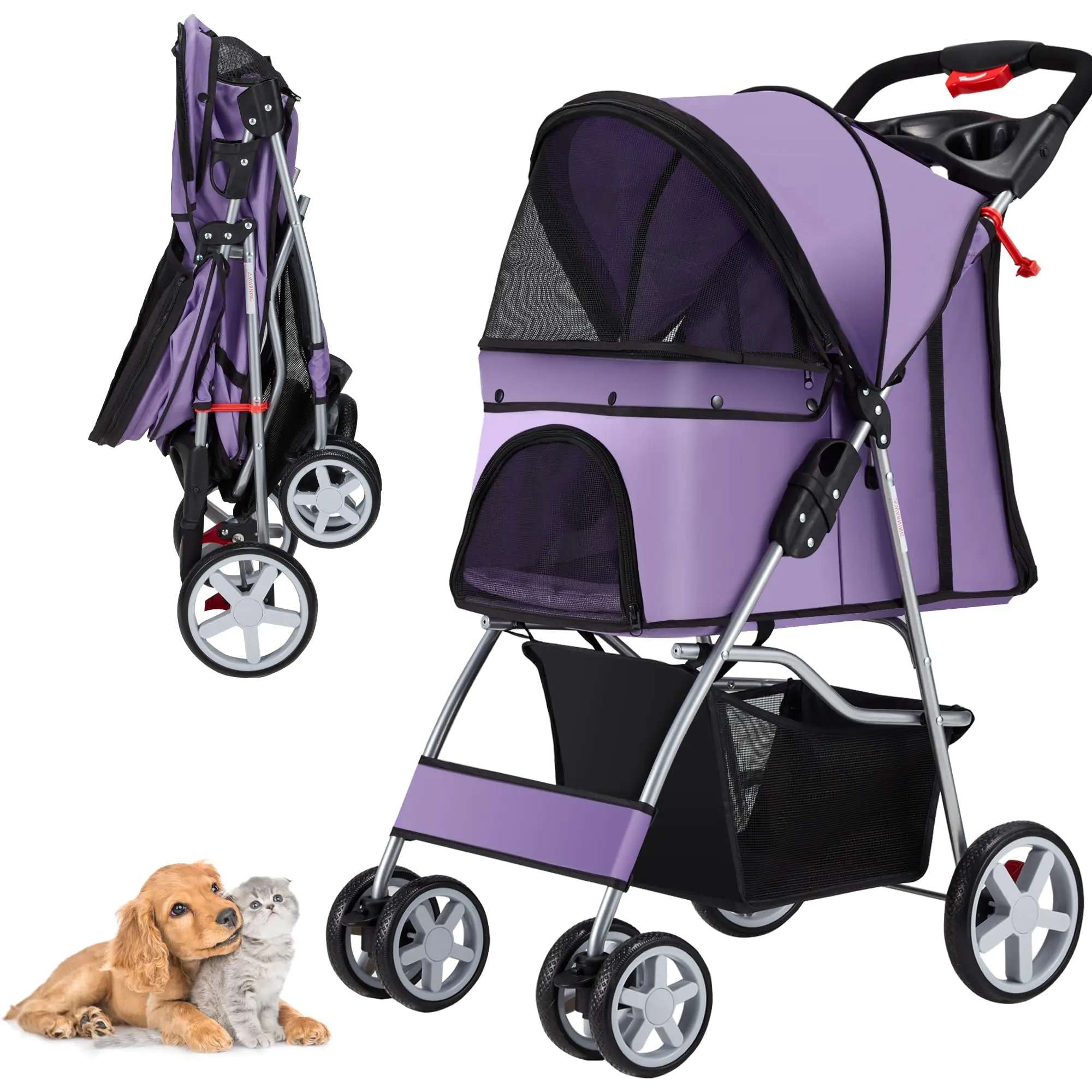 

Pet Stroller 4 Wheels Dog Cat Stroller for Medium Small Dogs Cats, Folding Cat Jogger Stroller with Storage Basket