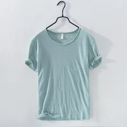 Men's Retro Raw Edge Lightweight Cotton T-Shirt - Slim Fit, Breathable Monochrome O-Neck Casual Top - 3XL -fits 88-95 kg (Light Green)