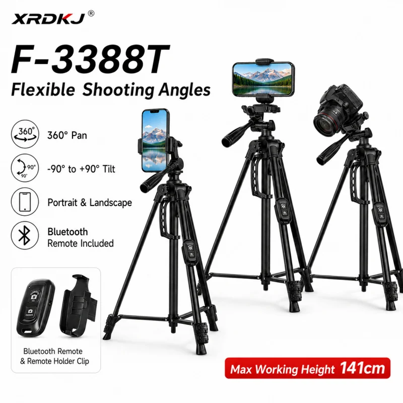 F-3388T 141cm 카메라 삼각대 스탠드(블루투스 리모컨 포함), 아이언 튜브 폰 삼각대(홀더 클립 포함), DSLR용 휴대용 여행용 삼각대