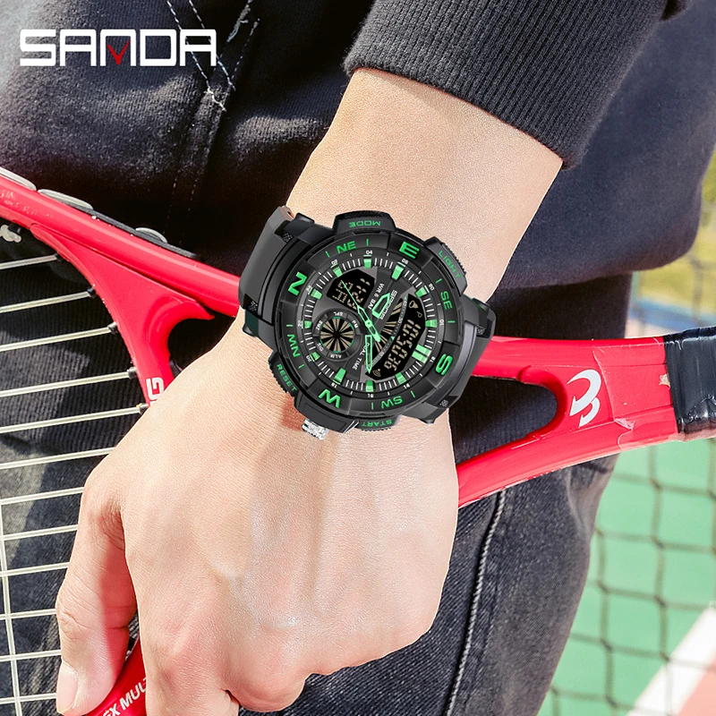 SANDA 2022 New Watches For Men 50M Waterproof LED Clock Alarm Reloj Hombre Dual Display Wristwatch Sport Military Quartz Watch