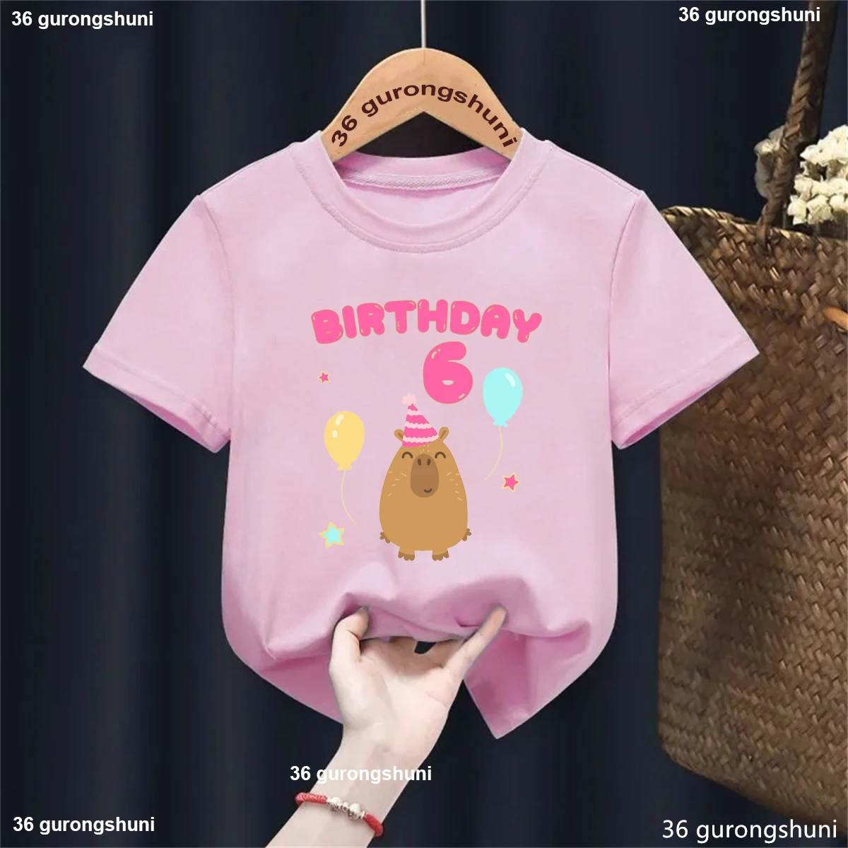 5th/6th/7th/8th/9th Birthday Capybara Balloon Printed Tshirt Girls/Boys Funny Kawaii Kids Clothes Fashion Solid T-Shirt Tops 3