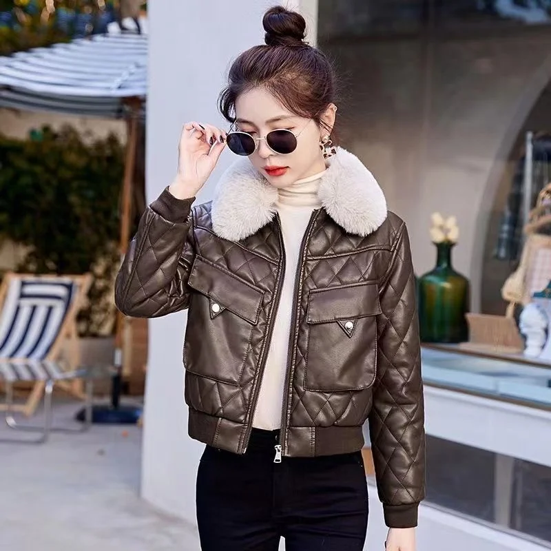 Fur Collar Thick Leather Jacket With Velvet Leather Jackets Women's Short Winter New Fashionable Motorcycle Cotton Fur Outwear