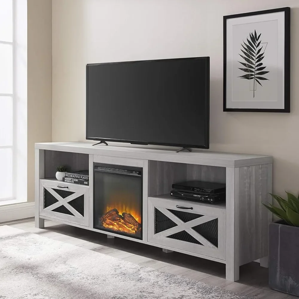 

Industrial Farmhouse X-Drawer Metal Mesh and Wood Fireplace TV Stand for TVs up to 80 Inches, 70 Inch, Stone Grey