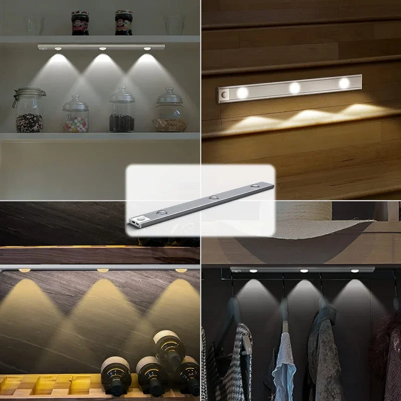 Luz LED con Sensor de movimiento para debajo del armario, luz nocturna recargable por USB para armario, cocina, armario