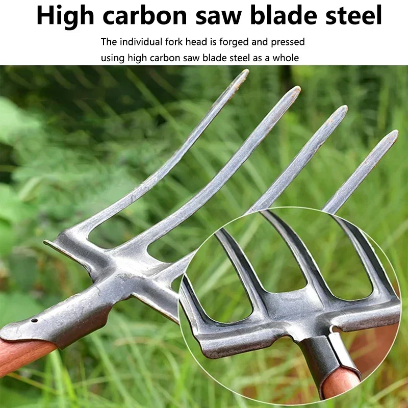 1Pcs Agricultural Digging Fork 4-Tine Carbon Steel Garden Spading Fork Field-Breaking Manure Fork Outdoor Land-Opening Tools 4